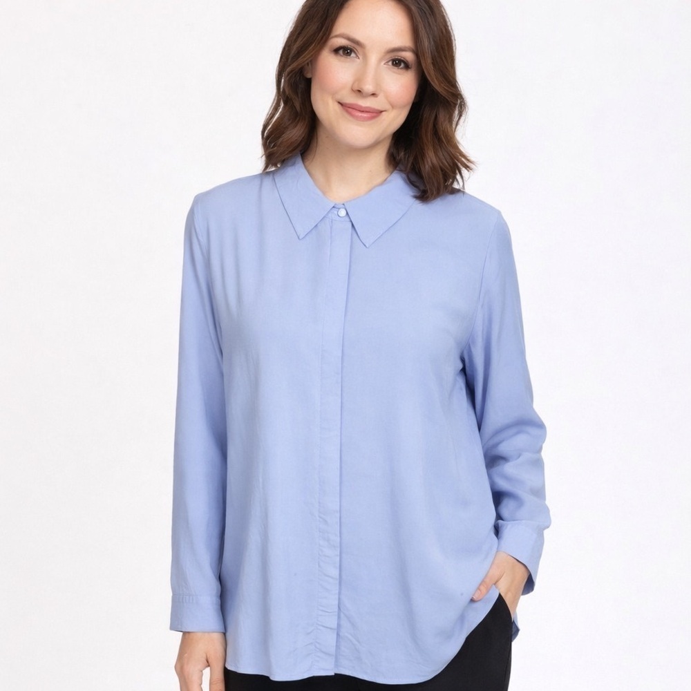 Soft Surroundings Jacqueline Shirt Button Down Tunic Long Sleeve Collared Blue